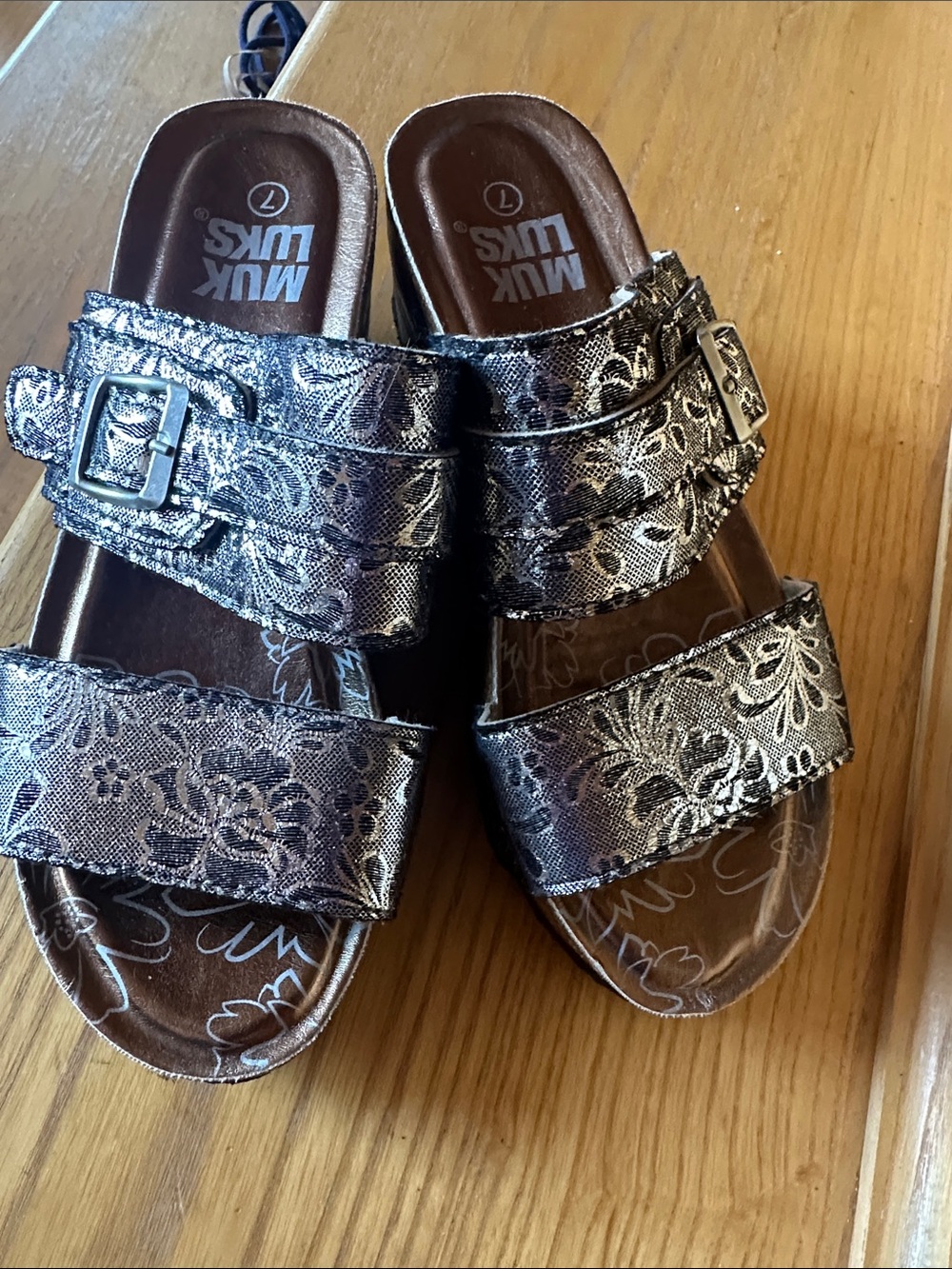 Muk Luks Metallic Floral Double-Buckle Sandals in Silver